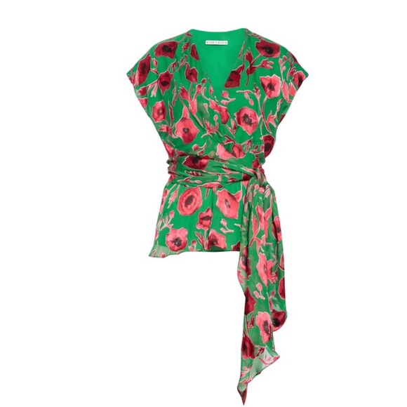 Alice + Olivia Tops - Alice + Olivia Essie Plunge Silk Blend Burnout Tie Top in Green combo